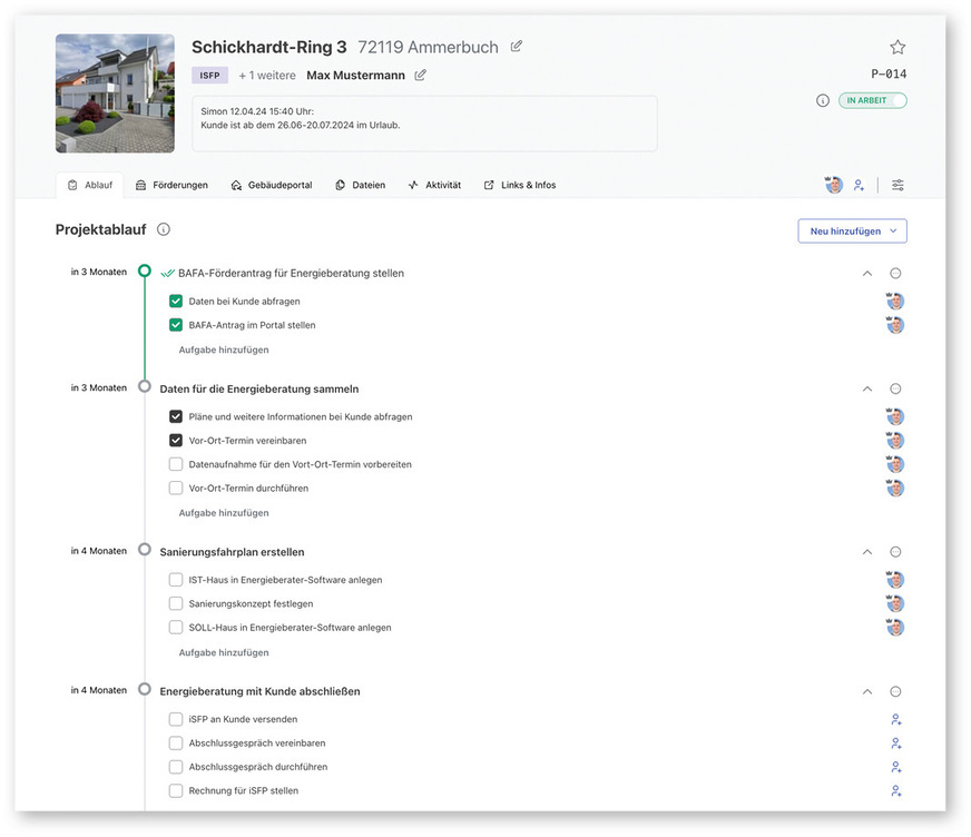 Die Grundsteine-Software sorgt dafür, dass Energieberatende alle Fristen für ein Projekt im Blick behalten.