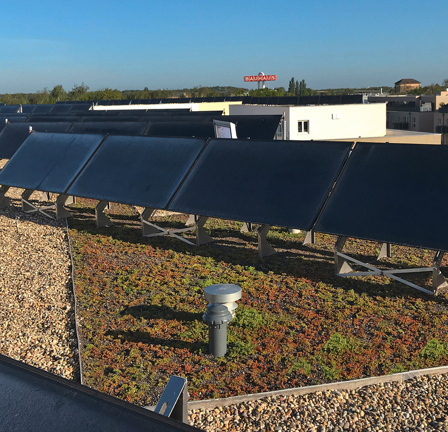 2.500 Quadratmeter Dachbegrünung wurden mit Solarflächen kombiniert.