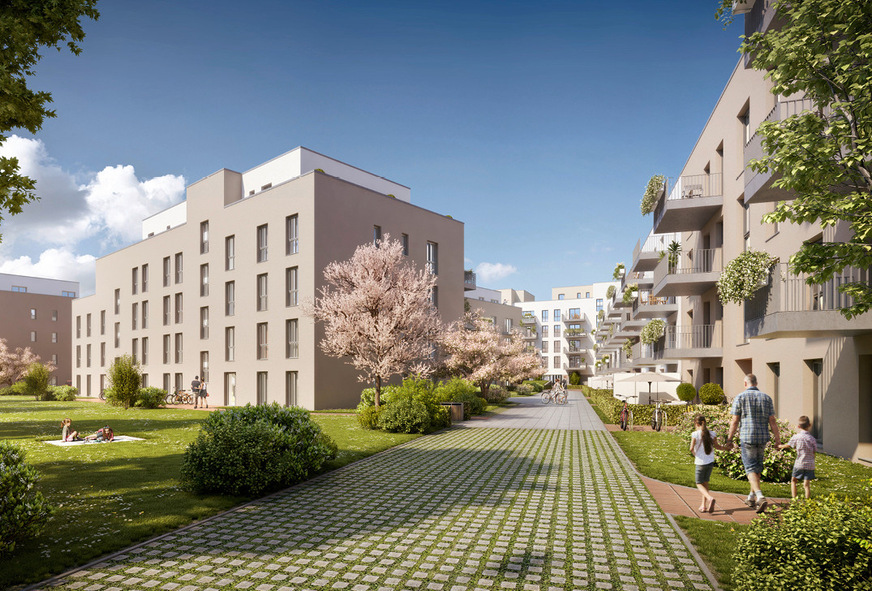 Vielseitige Grün-, Geh- und Fahrbereiche wurden auf dem Retentions-Gründach über der Tiefgarage geplant.