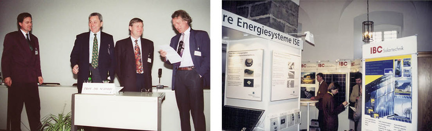 Udo Möhrstedt (Zweiter von links) beim PV-Symposium im Kloster Banz Mitte der 1990er-Jahre. Ganz links: Dr. Günther vom Otti, rechts: Professor Schmid und Professor Luther vom Fraunhofer ISE. Rechtes Foto: Präsentation von IBC Solar 1998 beim Branchentreff in Bad Staffelstein.