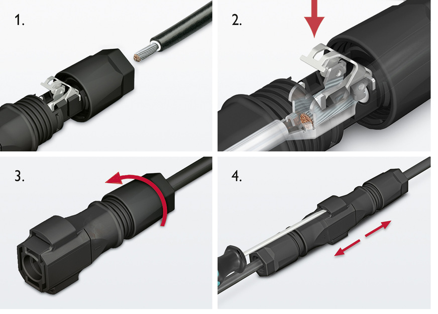 Sichere Federanschlusstechnik: 1. abisolierten Leiter in die Federtasche einschieben, 2. Feder schließen, 3. Kabelverschraubung anziehen – fertig! 4. Öffnen einer verriegelten Steckverbindung ohne spezielles Werkzeug. Einfach mit einem Schraubendreher.