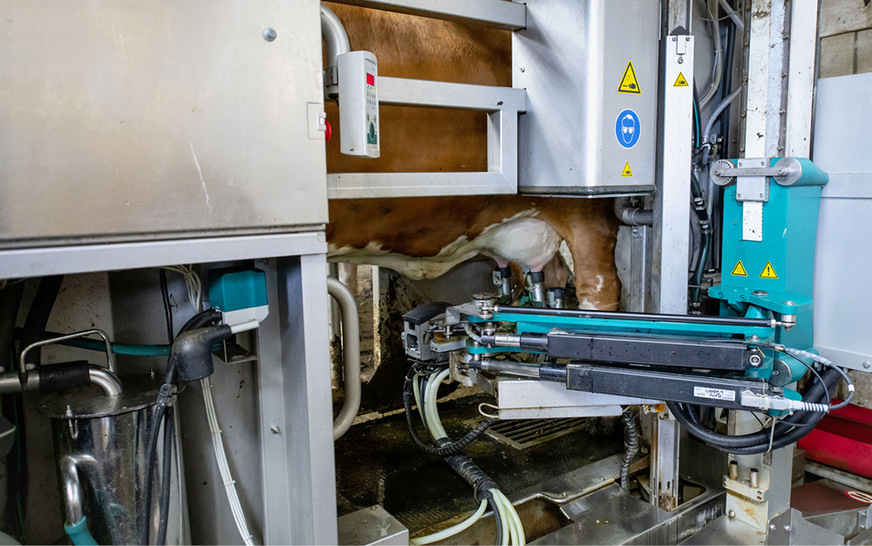 Mit dem Gewerbspeicher hat Alexander Kuhn nach Sonnenuntergang ausreichend Solarstrom, um den Melk­roboter zu betreiben.