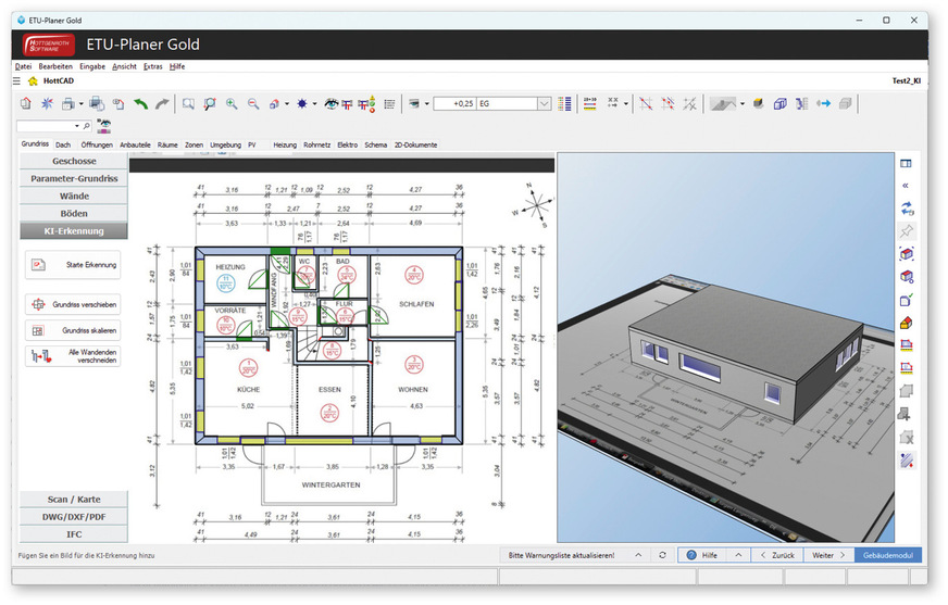 Hott-KI erkennt verschiedene Bauelemente wie Innen- und Außenwände, Fenster und Türen.