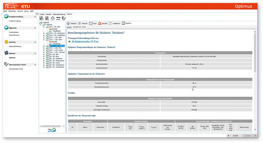 Eingestellt werden beim hydraulischen Abgleich insbesondere die Heizkörperventile entsprechend der vom Programm ermittelten Ventilkennwerte, wie hier bei Optimus von Hottgenroth Software.