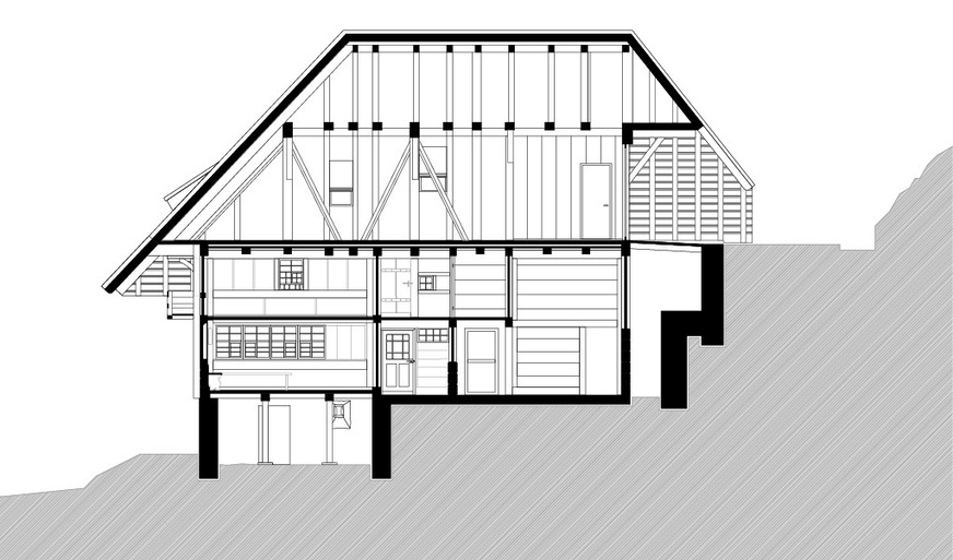 6 Der Längsschnitt zeigt, wie der Hof mit der Topografie verschmilzt, M 1:300