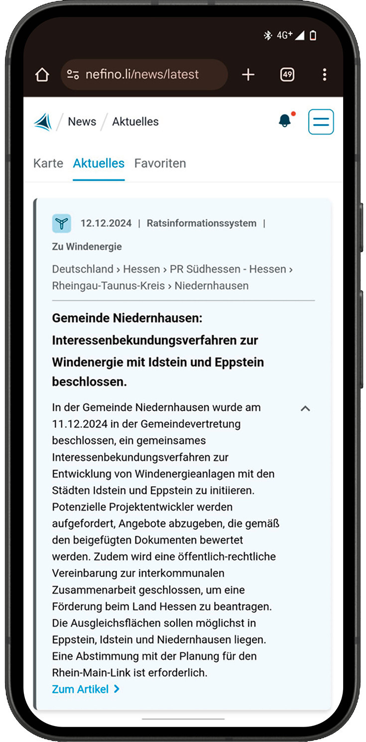 Eine Push-Benachrichtung von Nefino: Sie informiert über eine Meldung des Ratsinsformationssystems Niedernhausen bei Frankfurt, dass kommunale Flächen für einen Windpark verpachtet werden (siehe rechts) ...