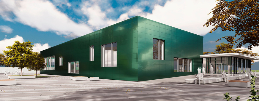 2 Die Eröffnung des Hallenbades steht kurz bevor und ist für Mitte April vorgesehen. Das Rendering simuliert den fertigen Zustand – die Modulfassade ist inzwischen montiert, aber die Außenanlagen sind noch im Bau.