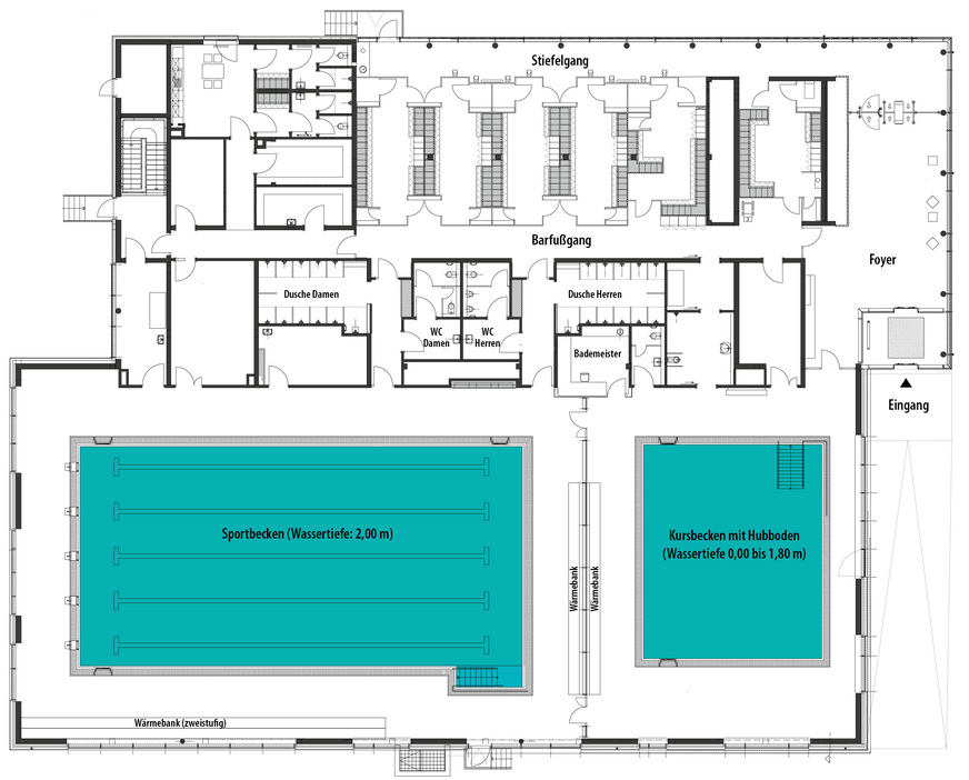 3 Grundriss des Hallenbades, Erdgeschoss, M 1:300