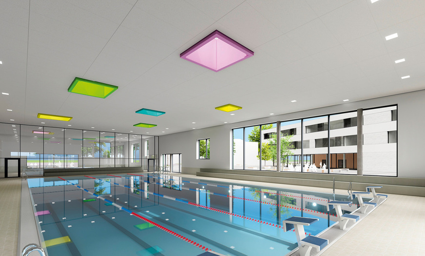 7 Freche Farbkleckse: Sowohl die Oberlichter als auch das Mobiliar im Umkleidebereich bringen mit bunten Farben Schwung und spielerische Leichtigkeit ins Hallenbad.