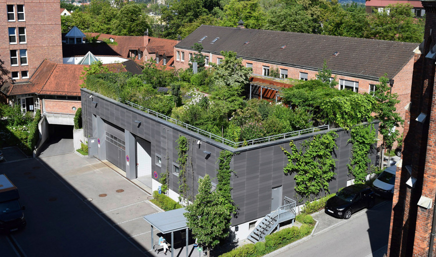 2 Blick auf ein begrüntes Garagendach: Das Grün steht in Kontrast zu dem Grau der Parkanlage und zeigt, dass Fassadenbegrünung als Gestaltungsmittel Gebäude ästhetisch aufwerten kann.