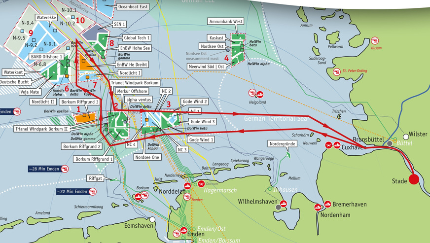 Schiffsausfahrtsroute am 15. September: Exkursion ab Hamburg von 7 bis 19 Uhr an 25 Offshore-Windkraftfeldern vorbei