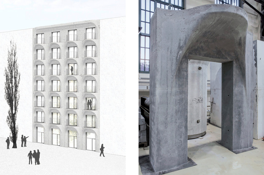 1 Mit Infraleichtbeton eröffnen sich ganz neue Gestaltungsvarianten für das monolithische Bauen: Prototyp eines Wandausschnitts mit Balkon aus Infraleichtbeton ohne Rückverankerung zum Gebäude.