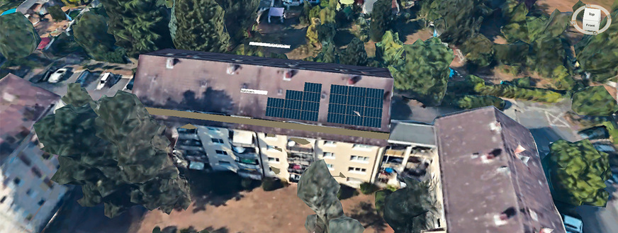 3 Das für die Sanierung mit dem Hybridkonzept vorgesehene Mehrfamilienhaus in Darmstadt mit für die Planung dargestellten PVT-Luft-Sole-Kollektoren