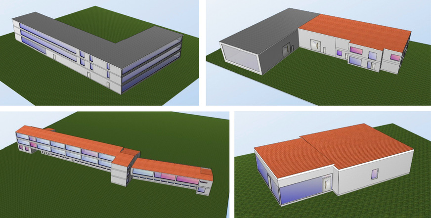 1 3D-Modelle der untersuchten Nichtwohngebäude: Bürogebäude (links oben), Logistikgebäude (rechts oben), Schulgebäude (links unten), Restaurantgebäude (rechts unten)