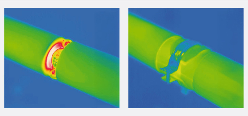 Die thermografische Aufnahme zeigt links deutlich die Wärmeverluste an einer ungedämmten Aufhängung. Die DIN 4140 schreibt daher den Einsatz wärmebrückenfreier Kälterohrträger wie ArmaFix (rechts im Bild) verbindlich vor.