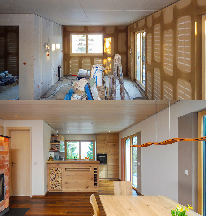 6 Nach der Montage der Lehmbauplatten mit integrierten Heizschlangen müssen bei dem System von Naturbo lediglich noch die Presskupplungen verbunden und dann die Flachkanten verspachtelt werden. Abschließend ist dann nur noch ein 0,5 Millimeter dünner Finish-Lehmputz aufzubringen, der bei Bedarf noch mit Lehmfarbe gestrichen werden kann.