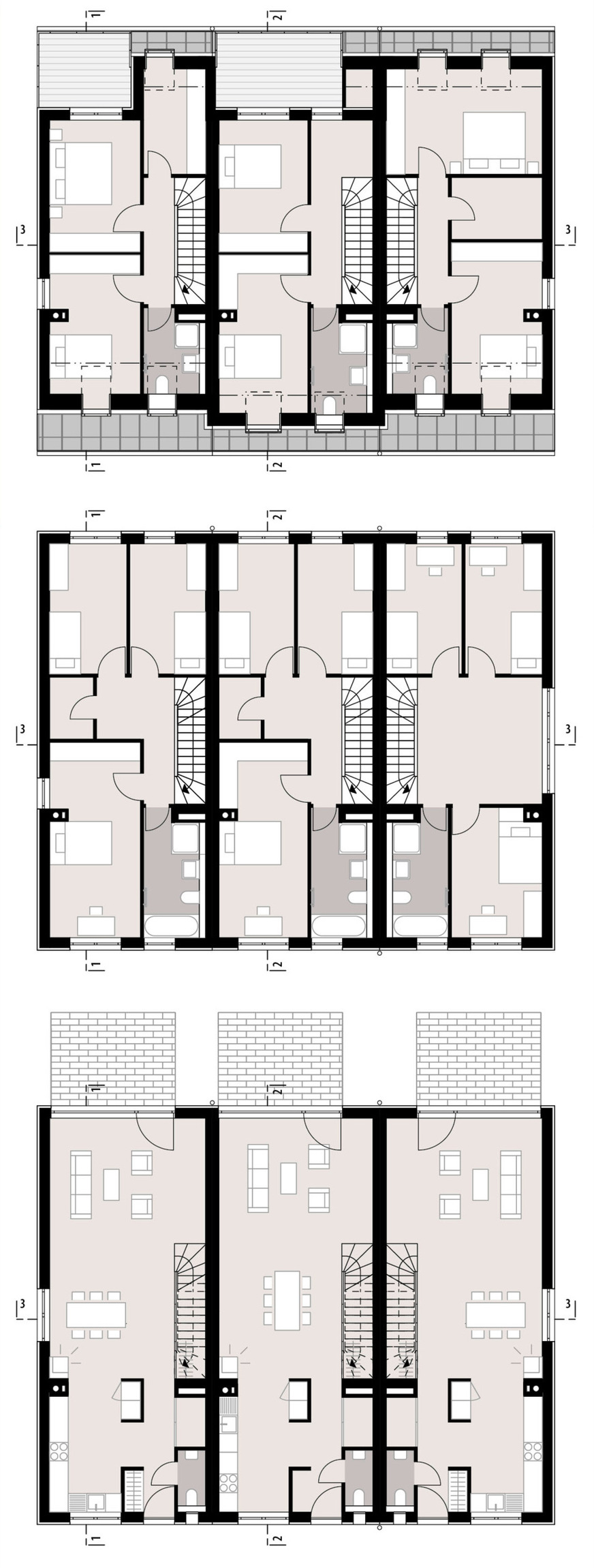 2 Grundrisse Erd-, Ober- und Dachgeschoss, Gebäudetyp A (3er), lang, M 1:200