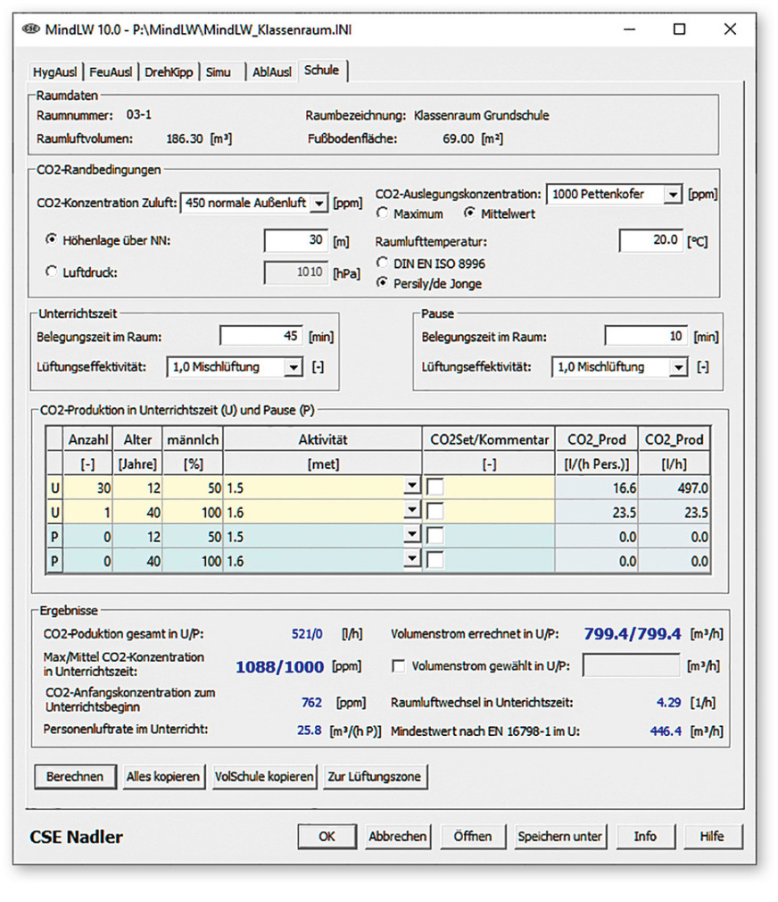 5 Auslegung der Schullüftung für das Beispiel in Abb. 4 mit MindLW 10