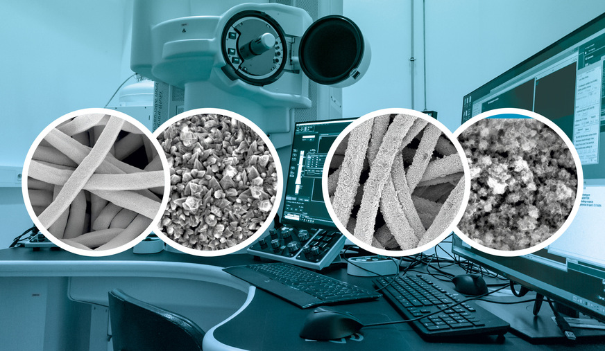 Strukturen unterm Elektronenmikroskop im Vergleich. Bei einer Auflösung von 10 µm (jeweils obere Abbildung) erkennt man sowohl bei der Nanokegelstruktur (oben) als auch bei der Lamellenstruktur (unten) vor allem das Vliesmaterial, das bei der Lamellenstruktur etwas rauer aussieht. Bei einer Auflösung von 500 nm (jeweils untere Abbildung) sind die Nanokegel deutlich zu sehen, die Lamellen hingegen nur zu erahnen.