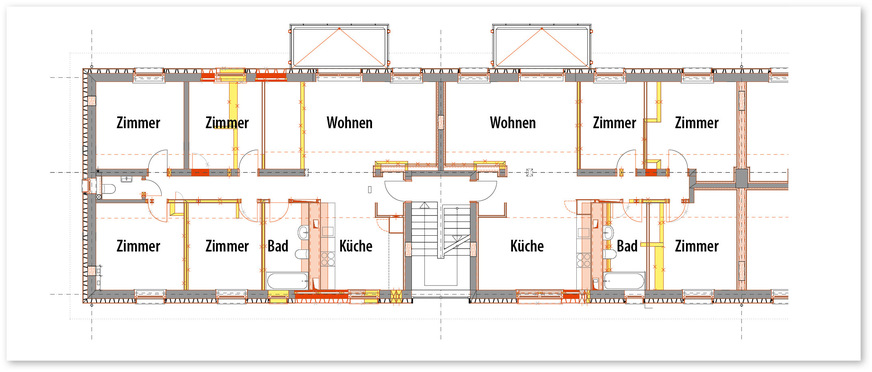 2 Bei beiden Bestandsbauten wurden sowohl die haustechnischen Komponenten saniert als auch die Grundrisse optimiert. Beispielgrundriss OG, M 1:200