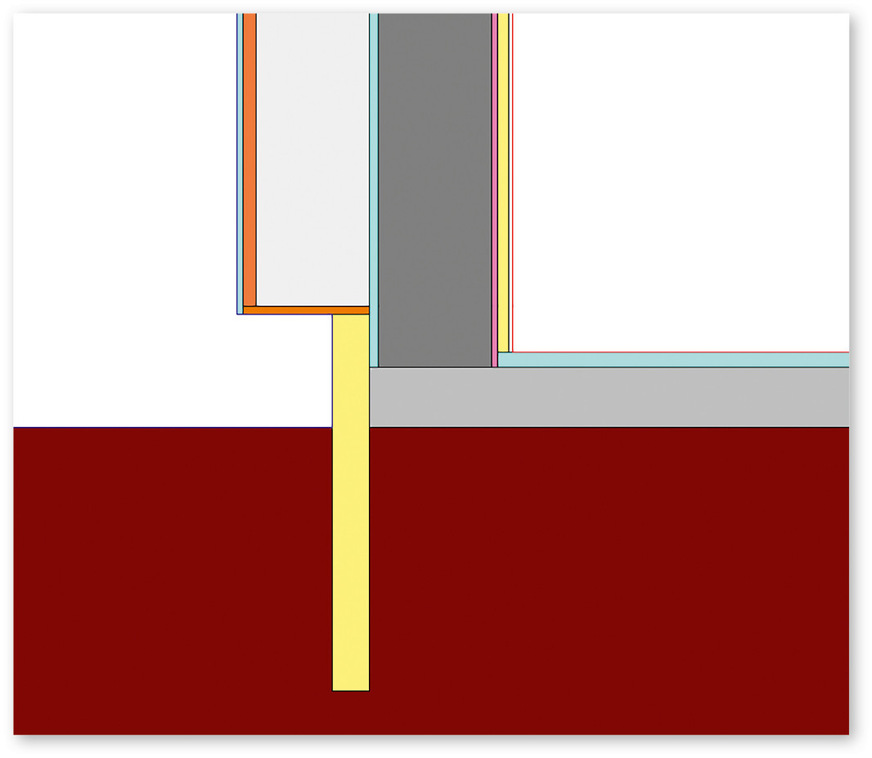 2 Beispiel der EH40-Sanierung mit 70 cm Randdämmungen im Erdreich und ungedämmter Bodenplatte. Es wird nur der Ausschnitt rund um den Sockel gezeigt, der Erdreichblock ist abgeschnitten.