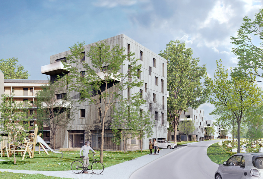 Dieses Rendering zeigt, wie das Projekt fertig aussehen könnte. Es verbindet traditionelle genossenschaftliche Prinzipien mit klimaneutraler Quartiersentwicklung und ist Teil der Internationalen Bauausstellung 2027 in Stuttgart.