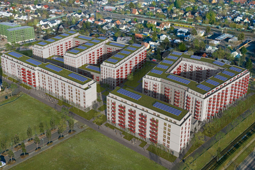 Ein Blick aus der Vogelperspektive auf die 4 Baukörper des neuen Wohnquartiers.