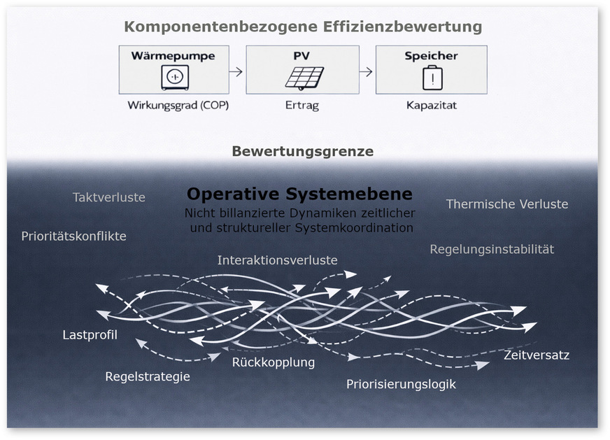 4 Die unsichtbare Effizienzebene in vernetzten Energiesystemen: Darstellung der Differenz zwischen komponentenbezogener Effizienzbewertung und systemischer Betriebslogik im realen Betrieb