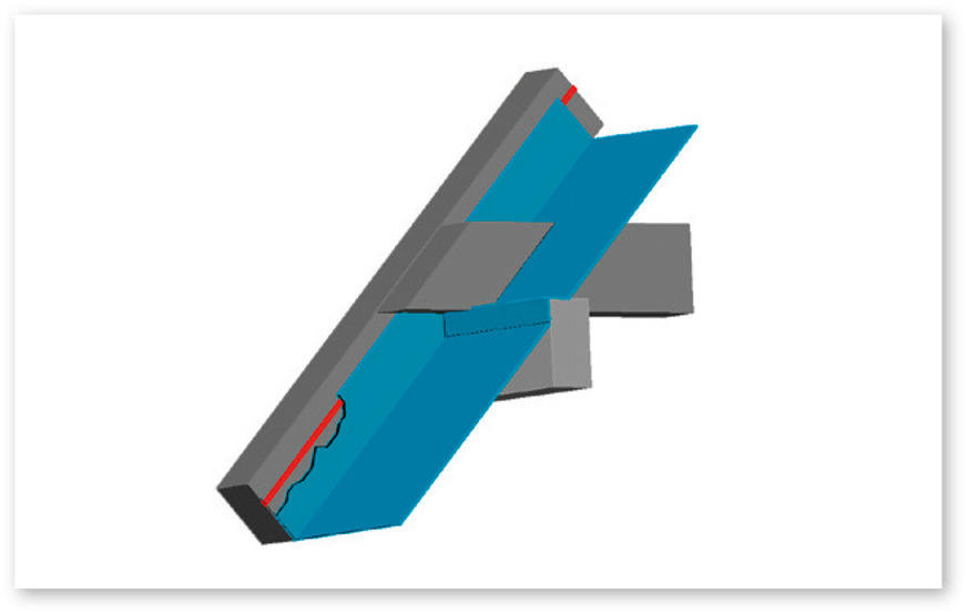 3 An den umlaufend abzudichtenden Kehlbalken zeigt sich, wie aufwändig die wannenförmige Verlegung sein kann. Dies birgt nicht zuletzt durch den unzugänglichen Spalt zwischen Kehlbalken und Sparren sowie den vielen Kreuzungspunkte ein hohes Risiko für Luftundichtheiten – problematisch sind auch rissige, verformte oder fehlkantige Sparren und Kehlbalken.