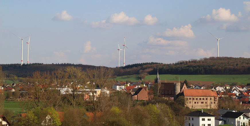 Windpark Külsheim aus fünf 2,4-Megawatt-Windturbinen vom Typ N117, in Betrieb seit 2016