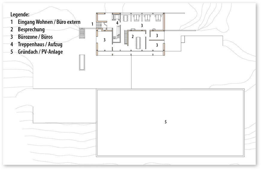 3 Grundriss Ebene 3 mit Dachaufsicht der Fertigungshalle und dem Bürogeschoss, M 1:750