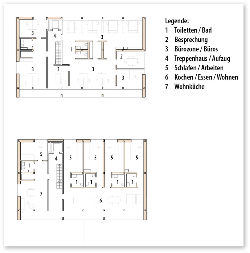 4 Grundrisse Ebene 5 mit den Wohnungen für Auszubildende (unten, Ebene 4 ist im Grundriss identisch) und Ebene 6 (oben) mit den Büros, M 1:500