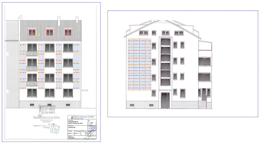 Kollektorplanung an der Fassade (links Südfront, rechts Ostfassade).