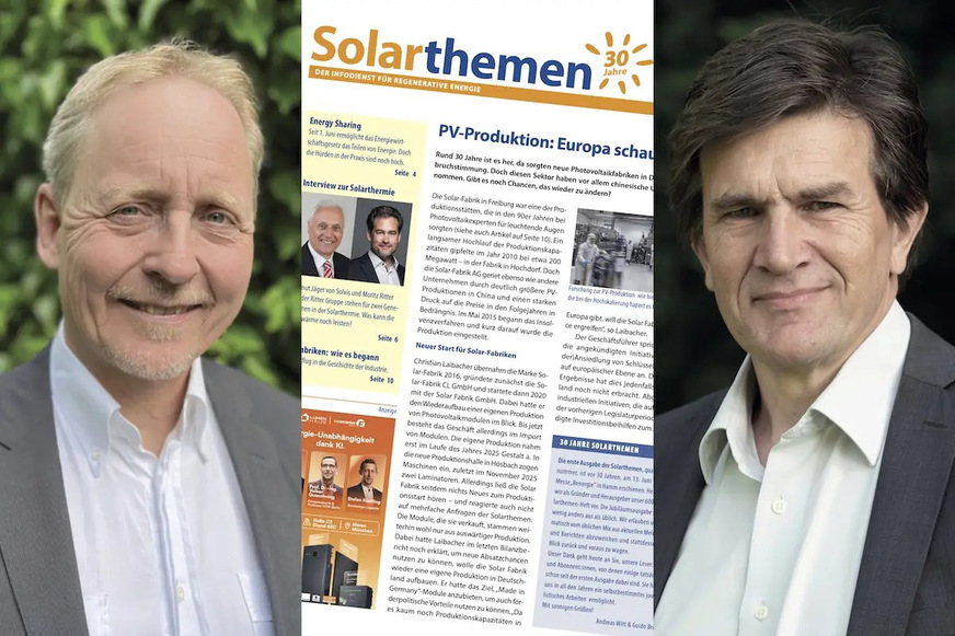 Andreas Witt (links) und Guido Bröer (rechts) haben gemeinsam vor 30 Jahren im Juni 1996 die Solarthemen gegründet. Jetzt ist die 600. Ausgabe erschienen.