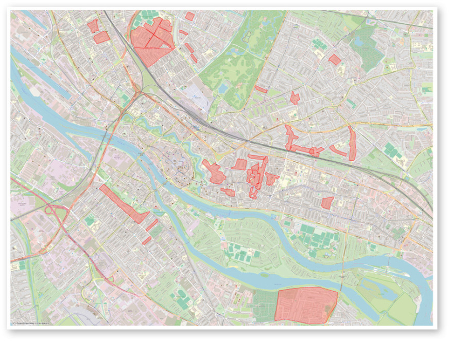 Übersicht über die im Januar 2026 bestehenden Erdwärmedich-Cluster in Bremen: Die Keimzelle liegt in der Östlichen Vorstadt, zwischen der Weser und den Bahngleisen gelegen. Schnell bildeten Interessenten vielerorts im Stadtgebiet neue Cluster, auch südlich des Flusses.﻿