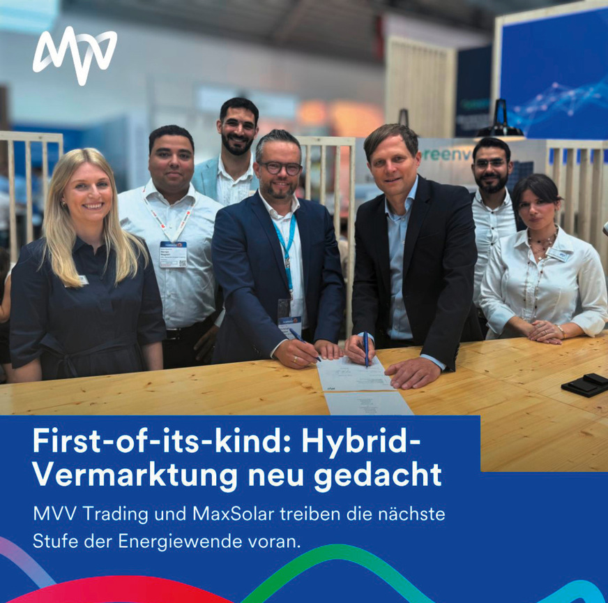 Unterzeichnung des ersten Festpreis-Vertrags für hybride Vermarktung einer Freiflächen-Solar- und Speicher-Anlage zwischen MVV Trading und Max Solar im Juni in München.