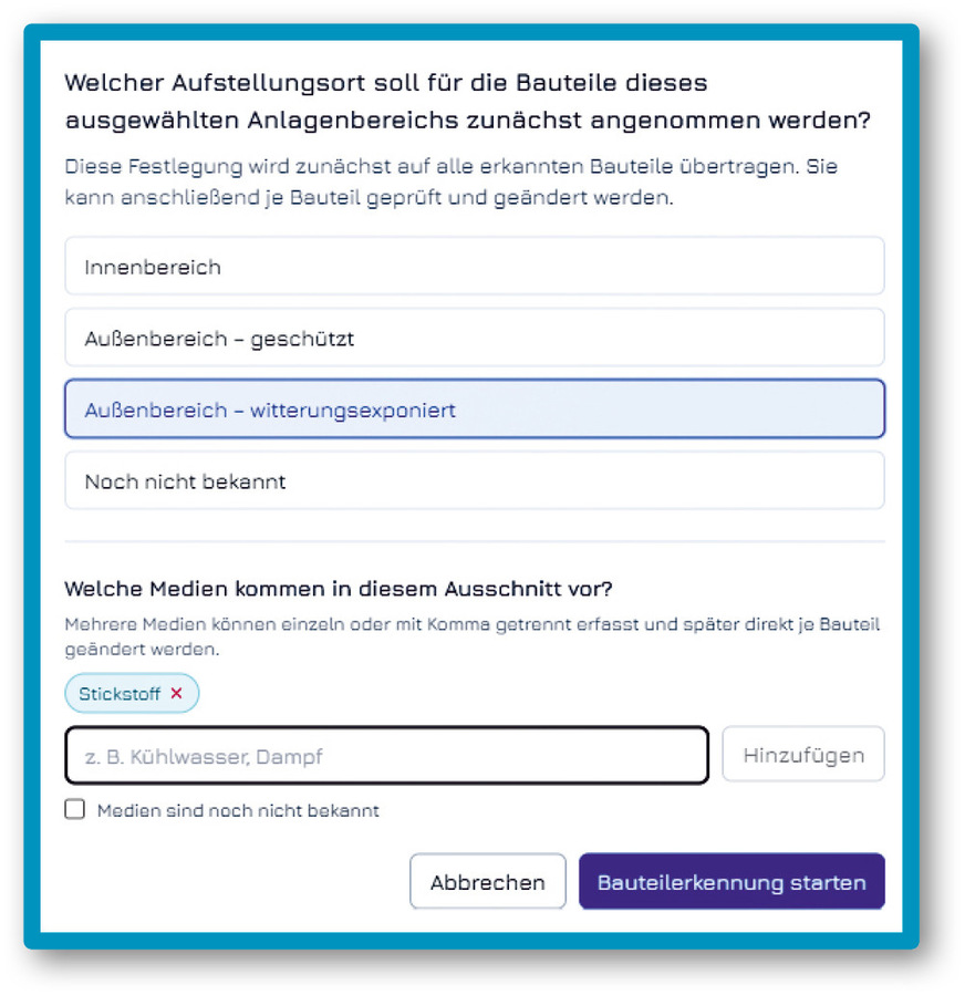 Mit Hilfe der KI-Analyse lassen sich ausgewählte Bereiche der Anlage untersuchen (linke Seite des Fensters). Details zu den jeweiligen Bereichen kann man selbst spezifizieren.