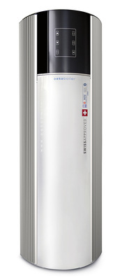 Diese kompakte Wärmepumpe stellt Warmwasser bereit. Der Speicher ist integriert.