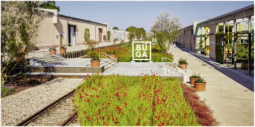 Durch die Umgestaltung von Bestandsgebäuden wie bei der U-Halle in Mannheim werden weniger Treibhausgase emittiert und langfristig CO<sub>2</sub>  gebunden. - © Bild: BUGA 23_Lukac + Diehl Durch die Umgestaltung von Bestandsgebäuden wie bei der U-Halle in Mannheim werden weniger Treibhausgase emittiert und langfristig CO2  gebunden.