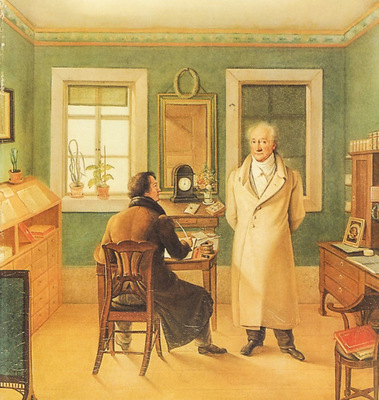 4 Goethe mit Schreiber in seinem Arbeitszimmer: Trotz des vorhandenen Kachelofens tragen beide Männer Mäntel (Gemälde von Johann Joseph Schmeller, 1834).