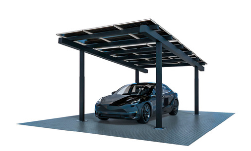 Die Solarcarports der Vela-Serie ­bieten ­regendichte Über­dachungen mit ­Standardmodulen.