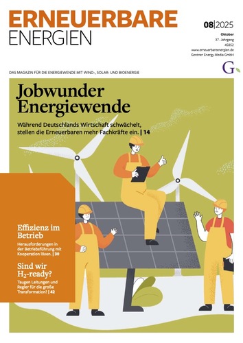 Menschen, die Windturbinen zusammenbauen, die erneuerbare Energien symbolisieren, mit einem Text über Arbeitsplätze und Innovation im Energiesektor.