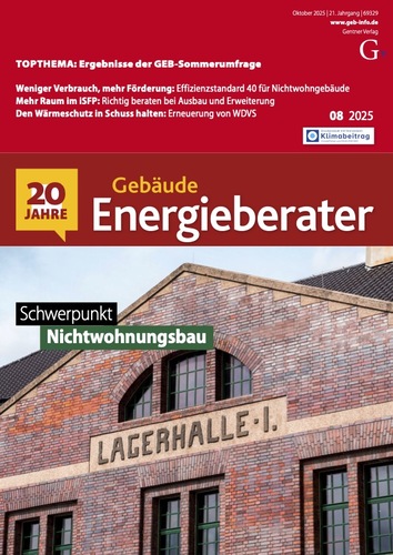 Titelbild einer deutschen Zeitschrift mit dem Titel "Gebäude Energieberater" und einem Gebäude mit der Aufschrift "Lagerhalle I." im Hintergrund.