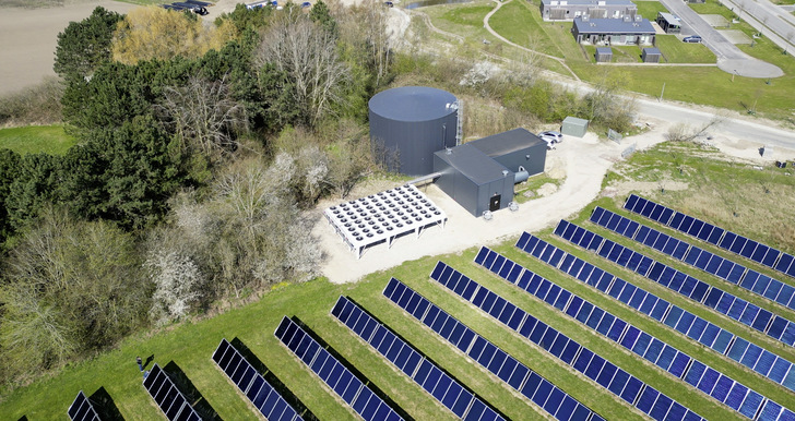 Die Großwärmepumpe von Solrød (Mitte) steht zwischen der Solarthermieanlage (darunter) und dem Wärmespeicher (darüber) in einigem Abstand zur Wohnbebauung.