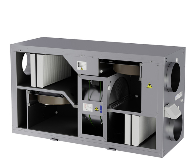 Ein Blick in das Innenleben des Lüftungsgeräts Save VSR 400 verdeutlicht seine kompakte Bauweise.