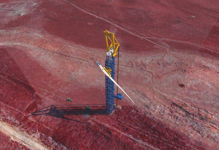 Der Windspider-Kran ist auch an Land geeignet und benötigt nur das Turbinenfundament als Stellplatz.