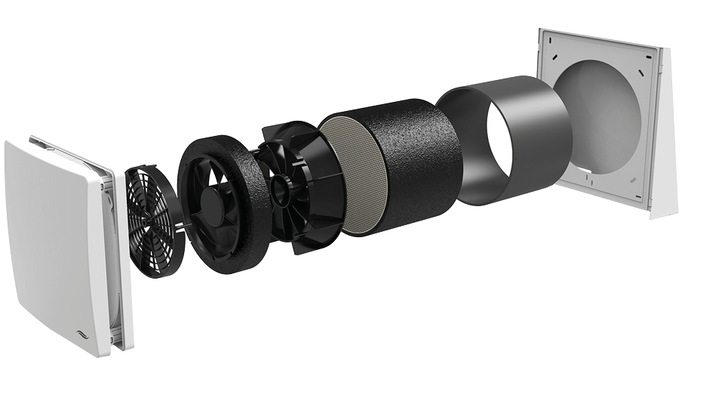 Beim Lüftungsgerät iV14-Max Air steigert ein integrierter Waben­keramikspeicher die Wärmerückgewinnung (drittes Element von rechts in der Explossionsansicht).