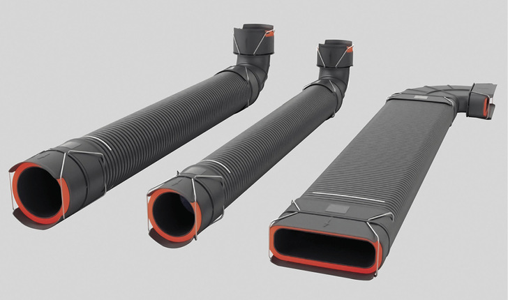 Die Luftkanäle des Click and Go Verteilsystems lassen sich ineinander stecken und werden dann von einem Bügel zusammengehalten.