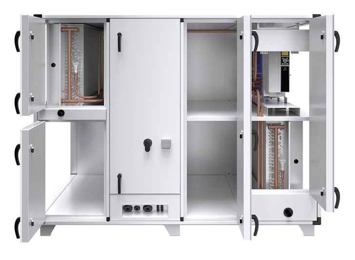 Bei der Wärmepumpe VEX4000RHP-ER liegt ein Rotationswärmetauscher zur effizienten Energierückgewinnung zwischen Verdampfer und Verflüssiger.