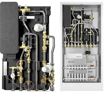 Die Wohnungsstationen Logamax kompakt WS160 TE (links) und WS160.2 E sind serienmäßig mit einem edelstahlgelöteten und komplett gedämmten Plattenwärmetauscher ausgestattet.